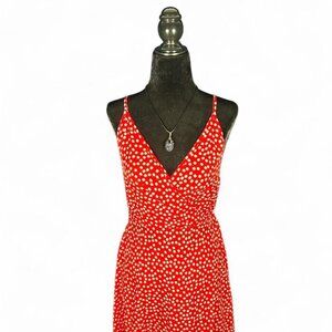Red White Daisy Print Maxi Dress Open Back Bow Size S Summer Cottage